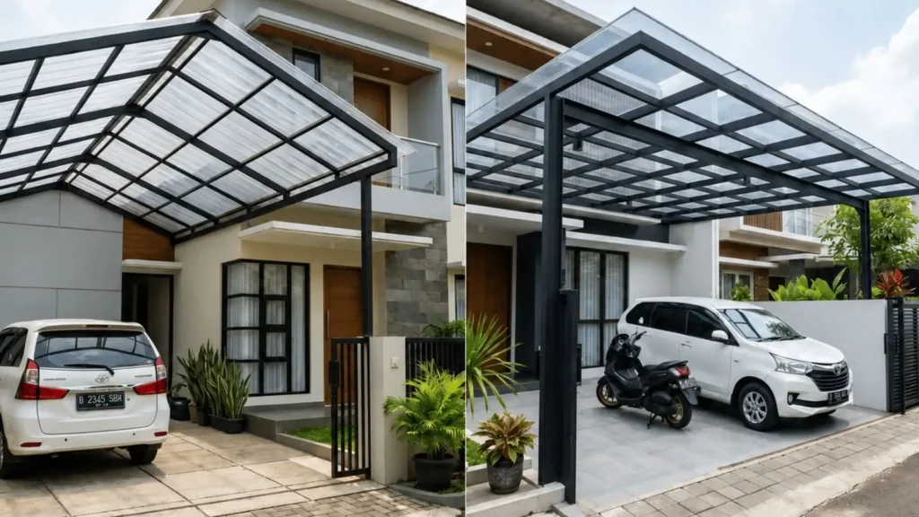 karport yang menggunakan atap polycarbonate dan atap fiber