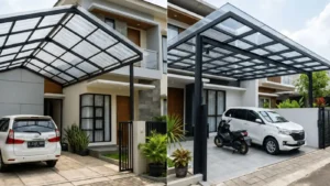 karport yang menggunakan atap polycarbonate dan atap fiber