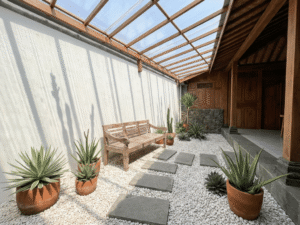 area santai taman dengan atap polycarbonate