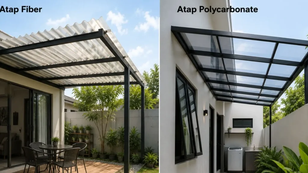 Atap belakang rumah yang memakai atap fiber dan atap polycarbonate