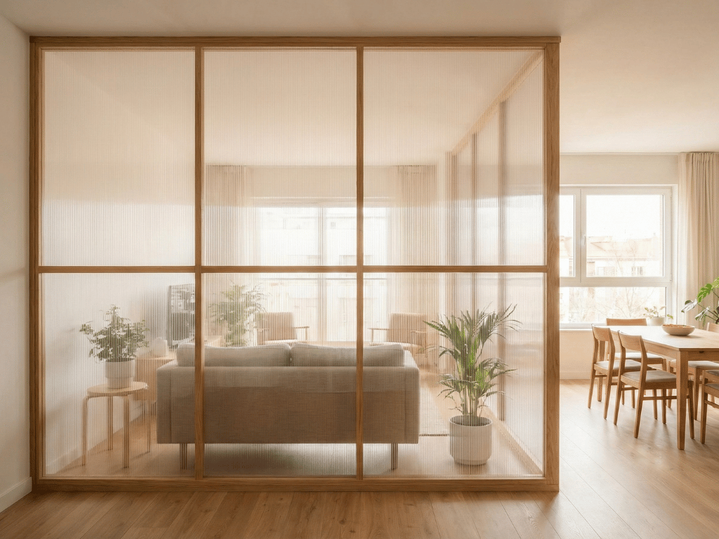 partisi ruangan transparan dengan rangka kayu