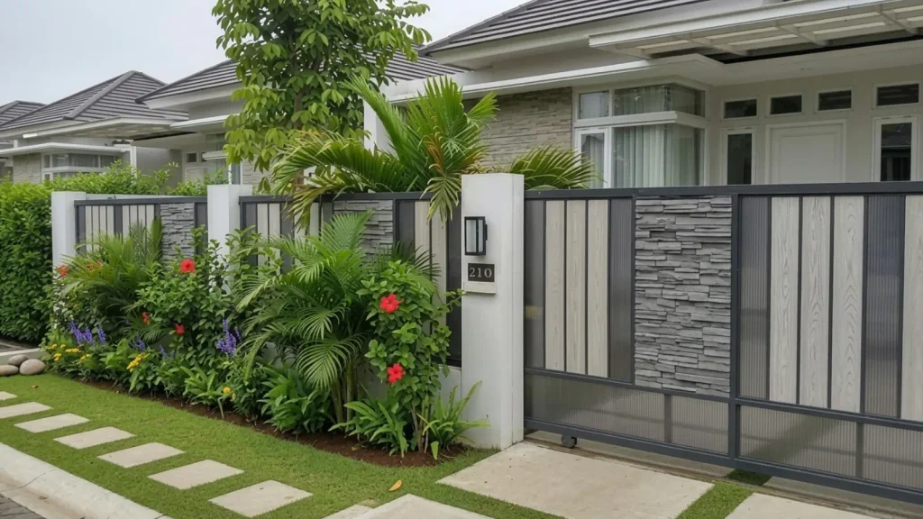 Gerbang Modern dengan Aksen Vertikal dan Panel Polycarbonate