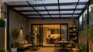 Halaman belakang rumah yang memakai atap polycarbonate