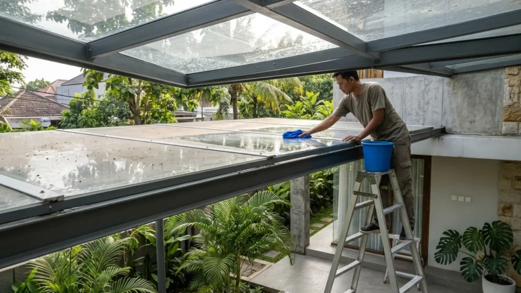 seseorang yang sedang membersihkan atap polycarbonate