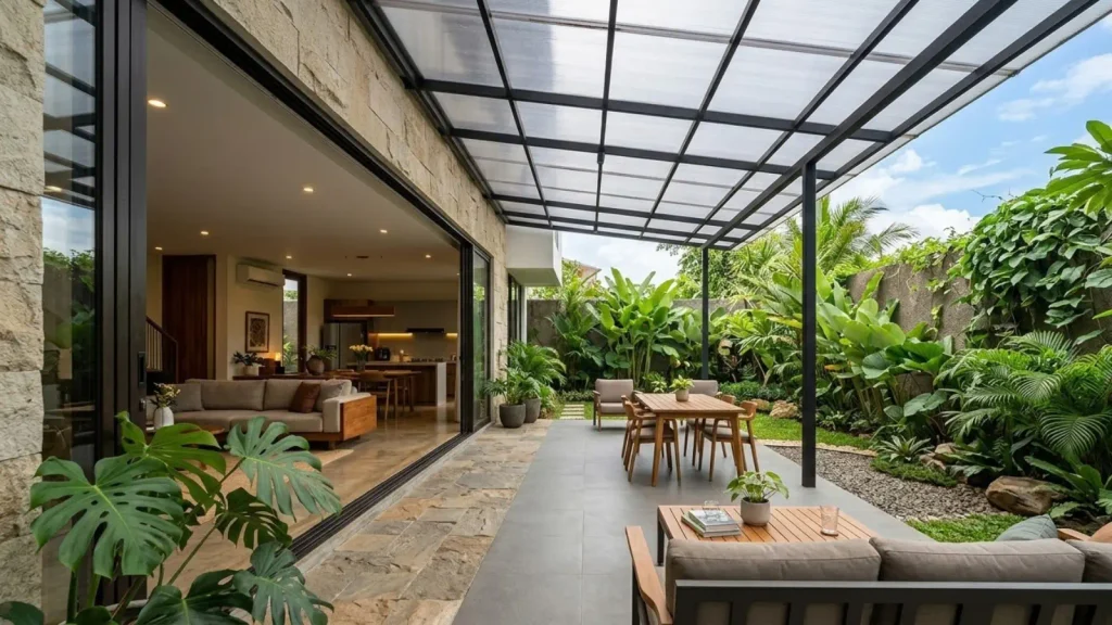 ruang semi outdoor dengan taman hijau